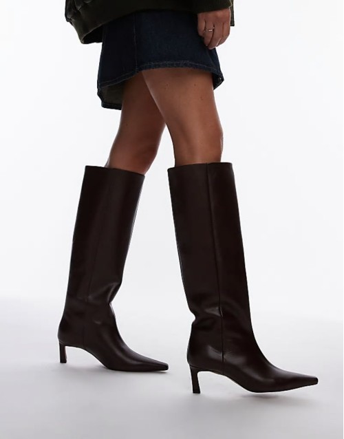 Taz premium leather knee high heeled boots in burgundy