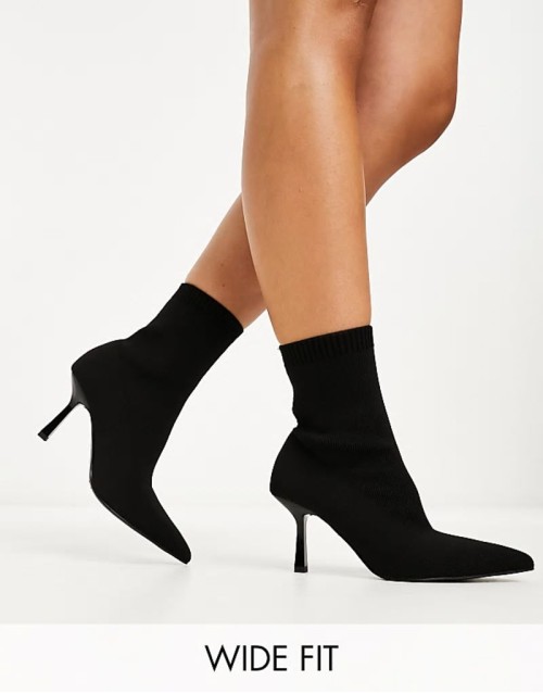 Wide Fit Rosetta kitten heel sock boots in black