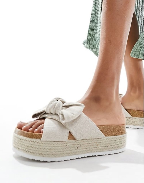 ‌Stylish Thankful bow detail flatform sandals in natural fabrication