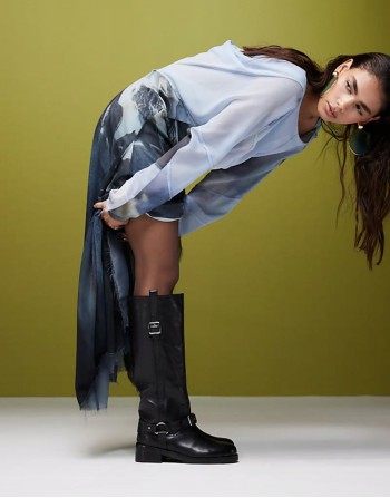 Cora leather harness biker knee boots in black