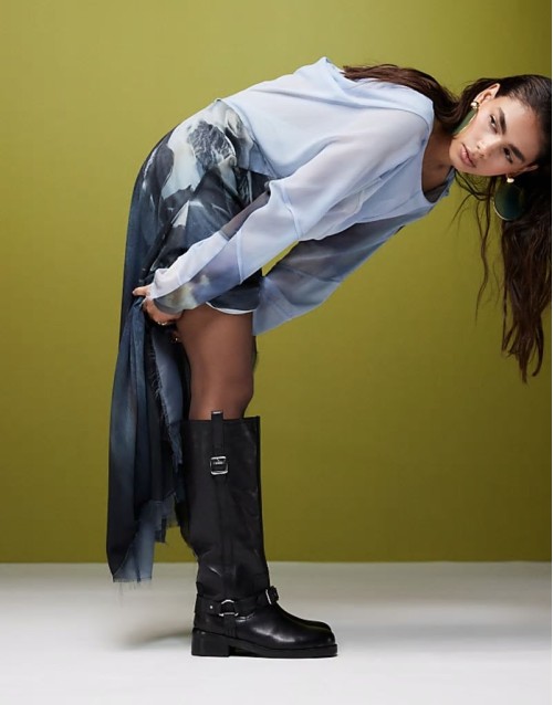 Cora leather harness biker knee boots in black