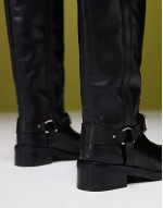 Cora leather harness biker knee boots in black
