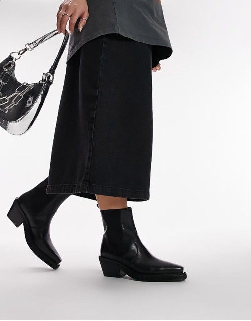 Wide Fit Maeve leather western ankle boot in black