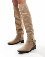 ‌Stylish over the knee flat boots with tassle in taupe