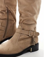‌Stylish over the knee flat boots with tassle in taupe