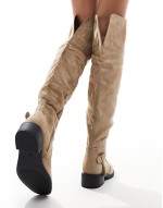 ‌Stylish over the knee flat boots with tassle in taupe