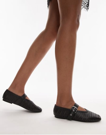 leather mesh buckle strap ballet flats in black