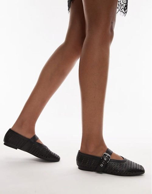 leather mesh buckle strap ballet flats in black