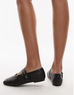 leather mesh buckle strap ballet flats in black