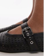 leather mesh buckle strap ballet flats in black