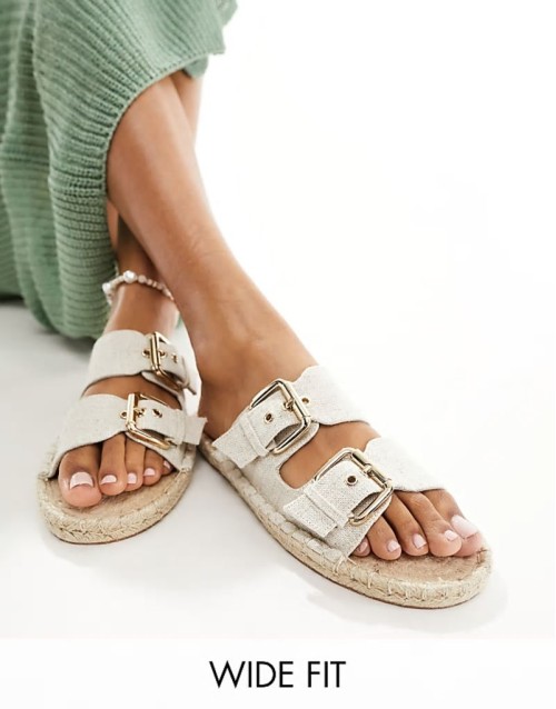 Wide Fit Jada double buckle espadrille sandals in natural linen
