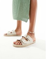 Wide Fit Jada double buckle espadrille sandals in natural linen