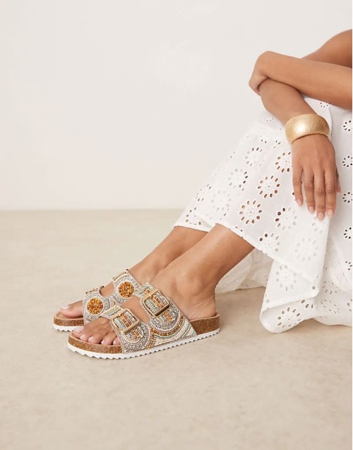 Wide Fit Funky beaded double strap flat mules in gold