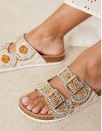 Wide Fit Funky beaded double strap flat mules in gold