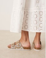 Wide Fit Funky beaded double strap flat mules in gold